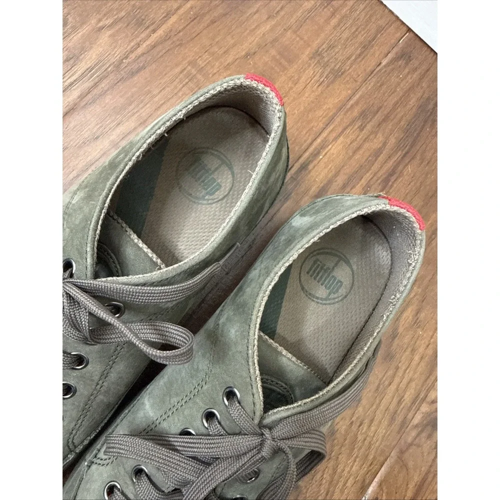 FitFlop Leather Flat Rally Sneakers Lace Up Green Comfort Womens 8 Biomimetrix
